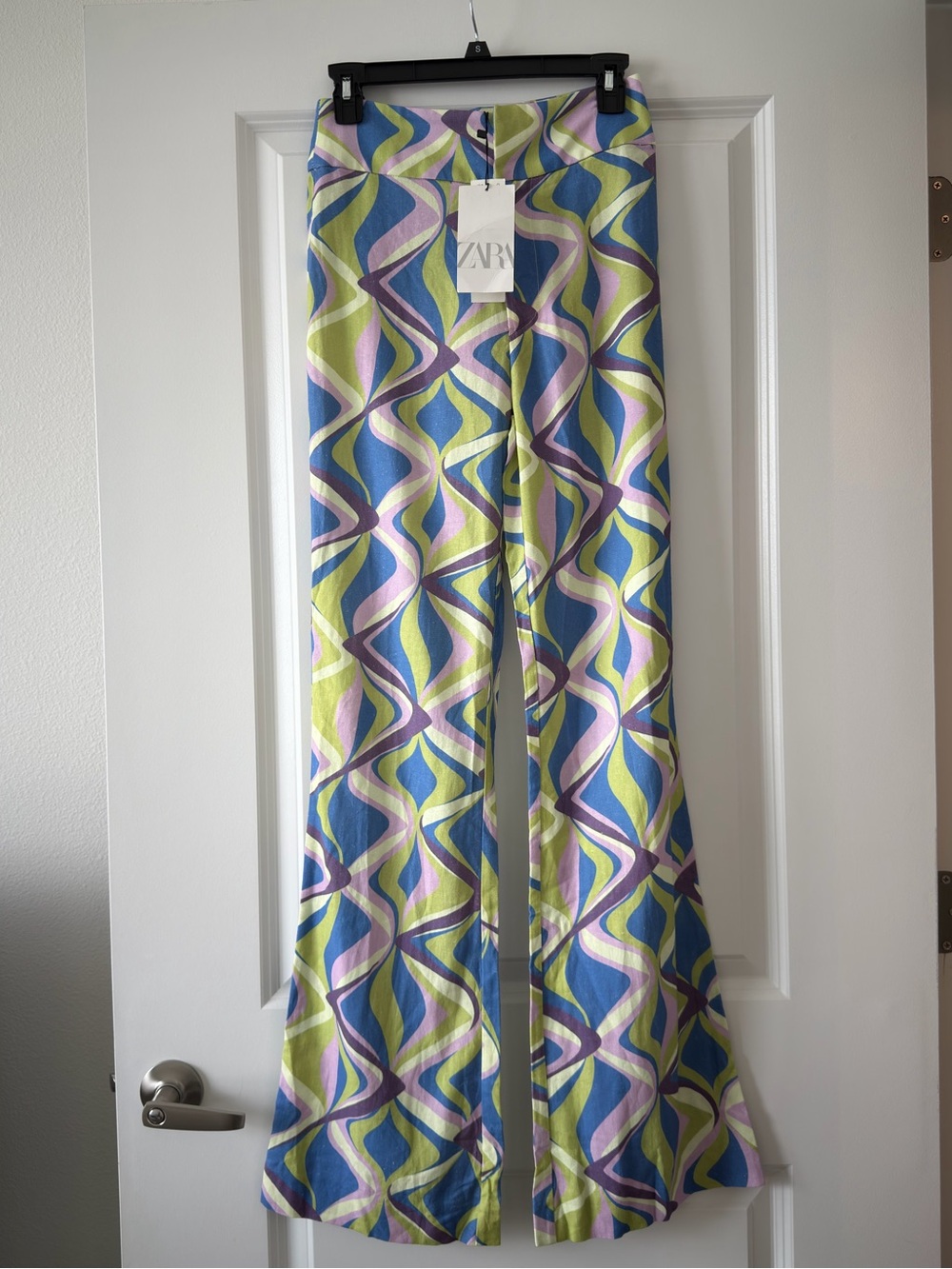 Zara Green Blue Purple Wave-Print Flare Pants